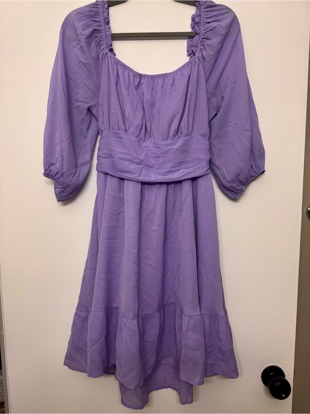 <Phortric> Lavender Square Neck Tie Back Lantern Sleeve Dress